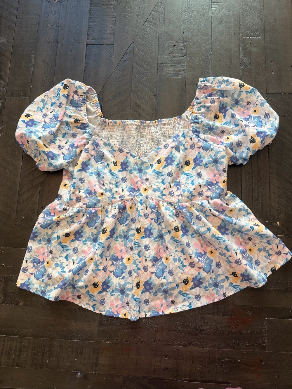 SHEIN Pastel Floral Puff-Sleeve Top - Blue, Pink & Yellow